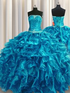 Fitting Teal Strapless Neckline Beading and Ruffles Ball Gown Prom Dress Sleeveless Lace Up