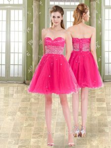 Hot Pink Sweetheart Lace Up Beading and Ruffles Prom Dresses Sleeveless