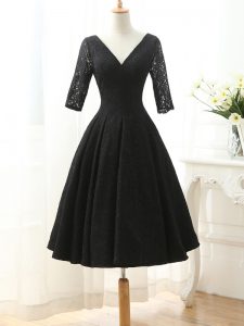 High Quality Black Lace Lace Up V-neck Half Sleeves Knee Length Dress for Prom Lace and Appliques