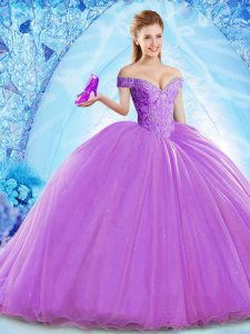 Lavender Lace Up Off The Shoulder Beading Sweet 16 Dress Organza Sleeveless Brush Train