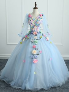 Floor Length Light Blue Ball Gown Prom Dress V-neck Long Sleeves Lace Up