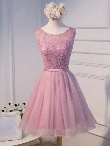 Adorable Sleeveless Tulle Mini Length Lace Up in Pink with Beading and Belt