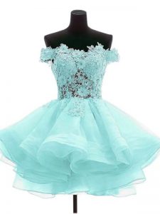 Admirable Aqua Blue Off The Shoulder Neckline Beading and Lace Prom Party Dress Sleeveless Zipper