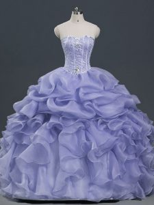 Stunning Lavender Ball Gowns Beading and Ruffles and Pick Ups Quinceanera Dresses Lace Up Organza Sleeveless Floor Length