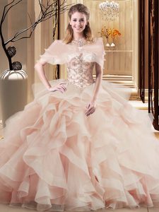 Beading and Ruffles Ball Gown Prom Dress Peach Lace Up Sleeveless Brush Train