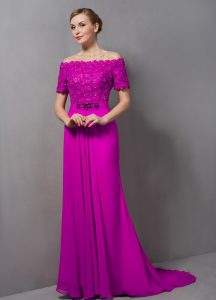 Short Sleeves Lace Zipper Dress for Prom with Fuchsia Sweep Train