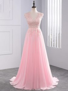 Baby Pink Empire Appliques Prom Gown Side Zipper Chiffon Sleeveless