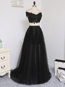 Fantastic Off The Shoulder Sleeveless Zipper Prom Gown Black Tulle