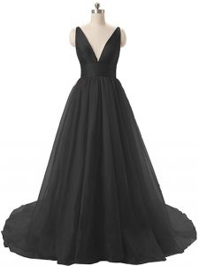 Black A-line Ruching Evening Dress Backless Organza Sleeveless