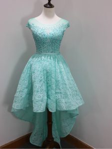 Aqua Blue A-line Scoop Cap Sleeves Lace High Low Zipper Beading and Lace Quinceanera Dama Dress