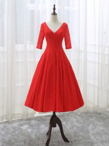 Top Selling Red Half Sleeves Tea Length Lace and Appliques Lace Up Prom Party Dress