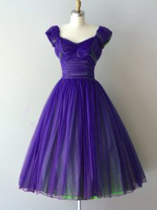 Purple A-line Ruching Quinceanera Court of Honor Dress Lace Up Chiffon Cap Sleeves Knee Length