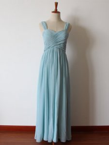 Custom Designed Straps Sleeveless Quinceanera Dama Dress Floor Length Ruching Aqua Blue Chiffon