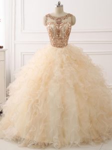 Fabulous Champagne Organza Lace Up Scoop Sleeveless 15th Birthday Dress Sweep Train Beading and Ruffles