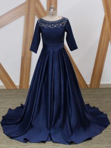 Cheap Zipper Prom Dress Navy Blue for Prom and Military Ball with Beading Brush Train