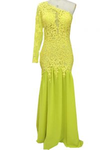 Custom Fit Yellow One Shoulder Neckline Lace and Appliques Prom Dresses Long Sleeves Side Zipper