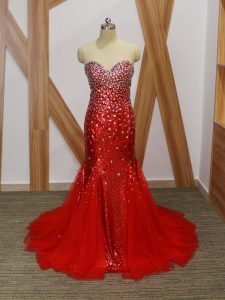 Fancy Sweetheart Sleeveless Dress for Prom Floor Length Beading Red Tulle