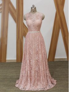 Fabulous Pink Empire Chiffon and Lace Scoop Sleeveless Beading Floor Length Zipper Prom Party Dress Brush Train
