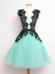 Turquoise Sleeveless Lace Knee Length Vestidos de Damas