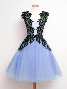 Hot Selling Sleeveless Knee Length Lace Lace Up Dama Dress for Quinceanera with Light Blue