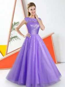 Bateau Sleeveless Dama Dress for Quinceanera Floor Length Beading and Lace Lavender Tulle