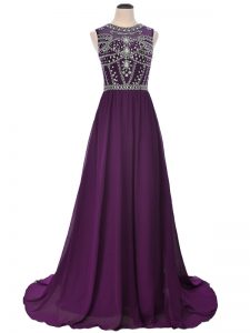 Luxurious Purple Scoop Side Zipper Beading Prom Gown Brush Train Short Sleeves
