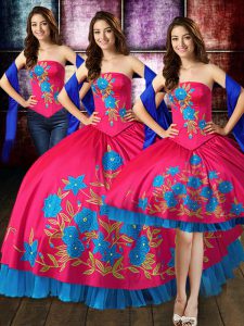 Floor Length Lace Up Sweet 16 Quinceanera Dress Hot Pink for Military Ball and Sweet 16 and Quinceanera with Embroidery