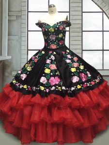 Ideal Sleeveless Organza and Taffeta Floor Length Lace Up Sweet 16 Dress in Red And Black with Embroidery and Ruffled Layers