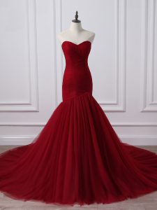 Affordable Wine Red Lace Up Prom Party Dress Ruching Sleeveless Court Train