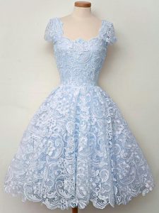 Lace Dama Dress for Quinceanera Light Blue Lace Up Cap Sleeves Knee Length