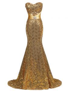 Exquisite Gold Lace Up Sweetheart Sequins Dress for Prom Sequined Sleeveless Brush Train