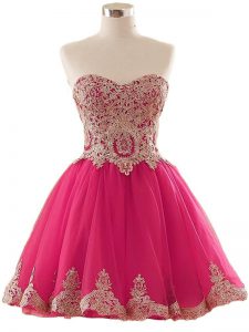 Fabulous Sleeveless Tulle Mini Length Lace Up Evening Dress in Hot Pink with Appliques