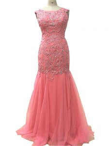 Watermelon Red Mermaid Scoop Sleeveless Tulle Floor Length Zipper Beading and Lace and Appliques Prom Dress