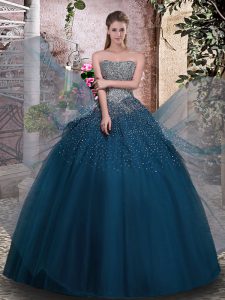 Artistic Ball Gowns Sweet 16 Quinceanera Dress Teal Strapless Tulle Sleeveless Floor Length Lace Up