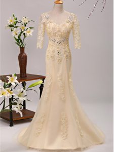 3 4 Length Sleeve Brush Train Beading and Lace and Appliques Lace Up Prom Dresses