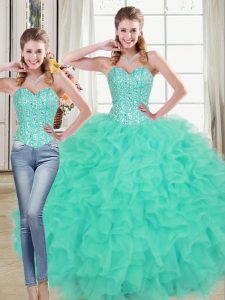 Two Pieces Sleeveless Turquoise 15th Birthday Dress Brush Train Lace Up