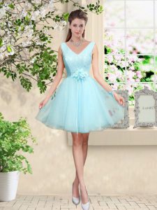 Aqua Blue A-line V-neck Sleeveless Tulle Knee Length Lace Up Lace and Belt Dama Dress