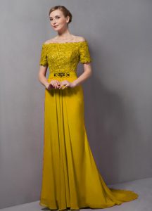 Sexy Yellow Homecoming Dress Off The Shoulder Short Sleeves Sweep Train Zipper