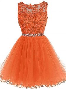 Suitable Orange Tulle Zipper Prom Party Dress Sleeveless Mini Length Beading and Ruffles