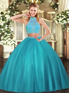 Halter Top Sleeveless Quinceanera Gown Floor Length Beading Aqua Blue Tulle