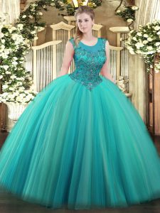 Sweet Turquoise Sweet 16 Quinceanera Dress Military Ball and Sweet 16 and Quinceanera with Beading Scoop Sleeveless Zipper