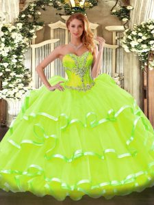 Inexpensive Yellow Green Organza Lace Up Quinceanera Gown Sleeveless Floor Length Beading and Ruffled Layers