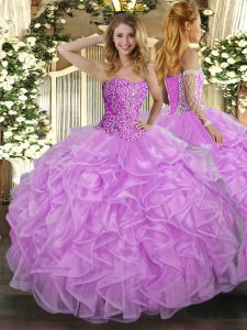 Sweetheart Sleeveless Tulle Ball Gown Prom Dress Beading and Ruffles Lace Up