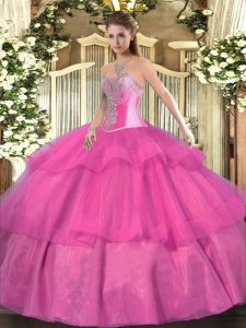 Floor Length Ball Gowns Sleeveless Hot Pink Quince Ball Gowns Lace Up