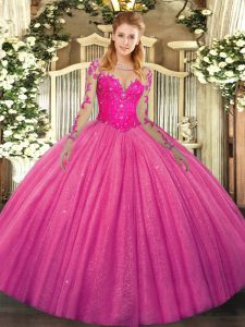 Extravagant Hot Pink Quinceanera Dress Military Ball and Sweet 16 and Quinceanera with Lace Scoop Long Sleeves Lace Up