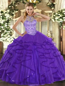 Gorgeous Floor Length Lace Up Quinceanera Dress Purple for Military Ball and Sweet 16 and Quinceanera with Beading and Ruffles