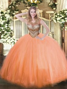 Designer Orange Red Scoop Lace Up Beading Quinceanera Gown Sleeveless