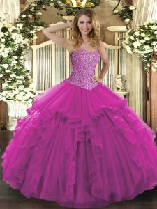 Sleeveless Tulle Floor Length Lace Up Quinceanera Dresses in Fuchsia with Beading and Ruffles