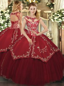 Super Floor Length Wine Red Quinceanera Gown Satin and Tulle Cap Sleeves Beading and Appliques and Embroidery