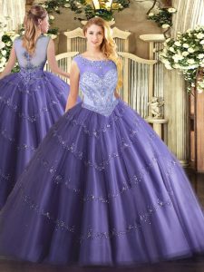 Lavender Lace Up Scoop Beading Sweet 16 Quinceanera Dress Tulle Sleeveless